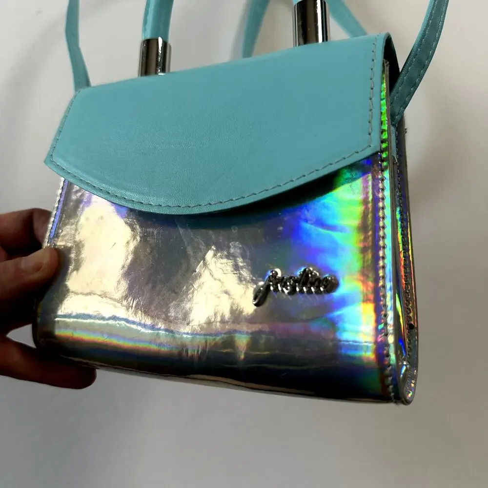 Justice Silver & Blue Iridescent Crossbody Purse / Handle Bag
